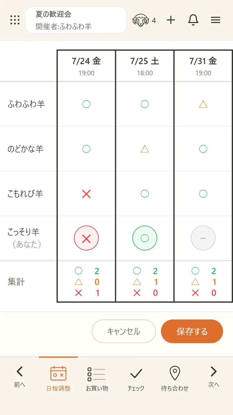 参加者は自分の行で○△✕を選ぶだけ